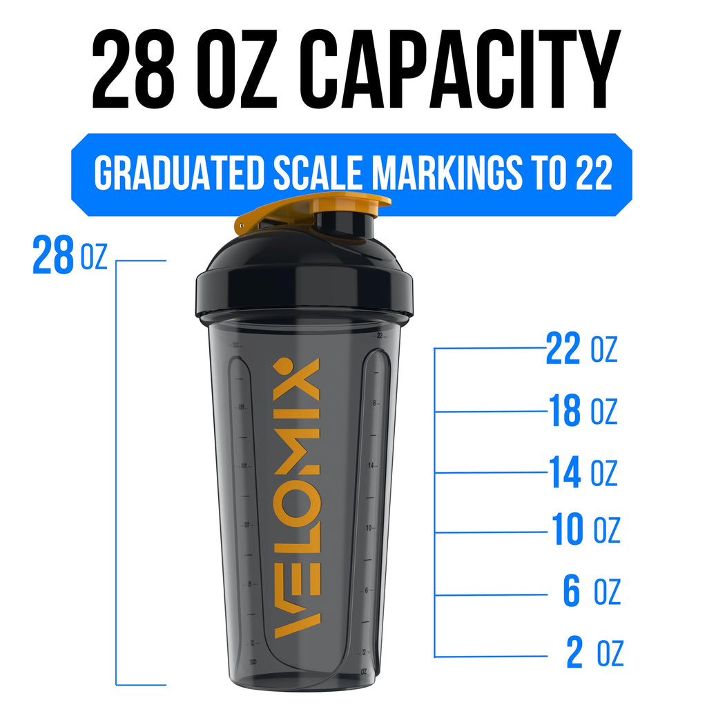 VELOMIX -2 Pack- 28 oz Protein Shaker Bottles for Protein Mixes - 2x Wire Whisk | Leak Proof Shaker Cups for Protein Shakes | Protein Shaker Bottle Pack (Black/Transparent)