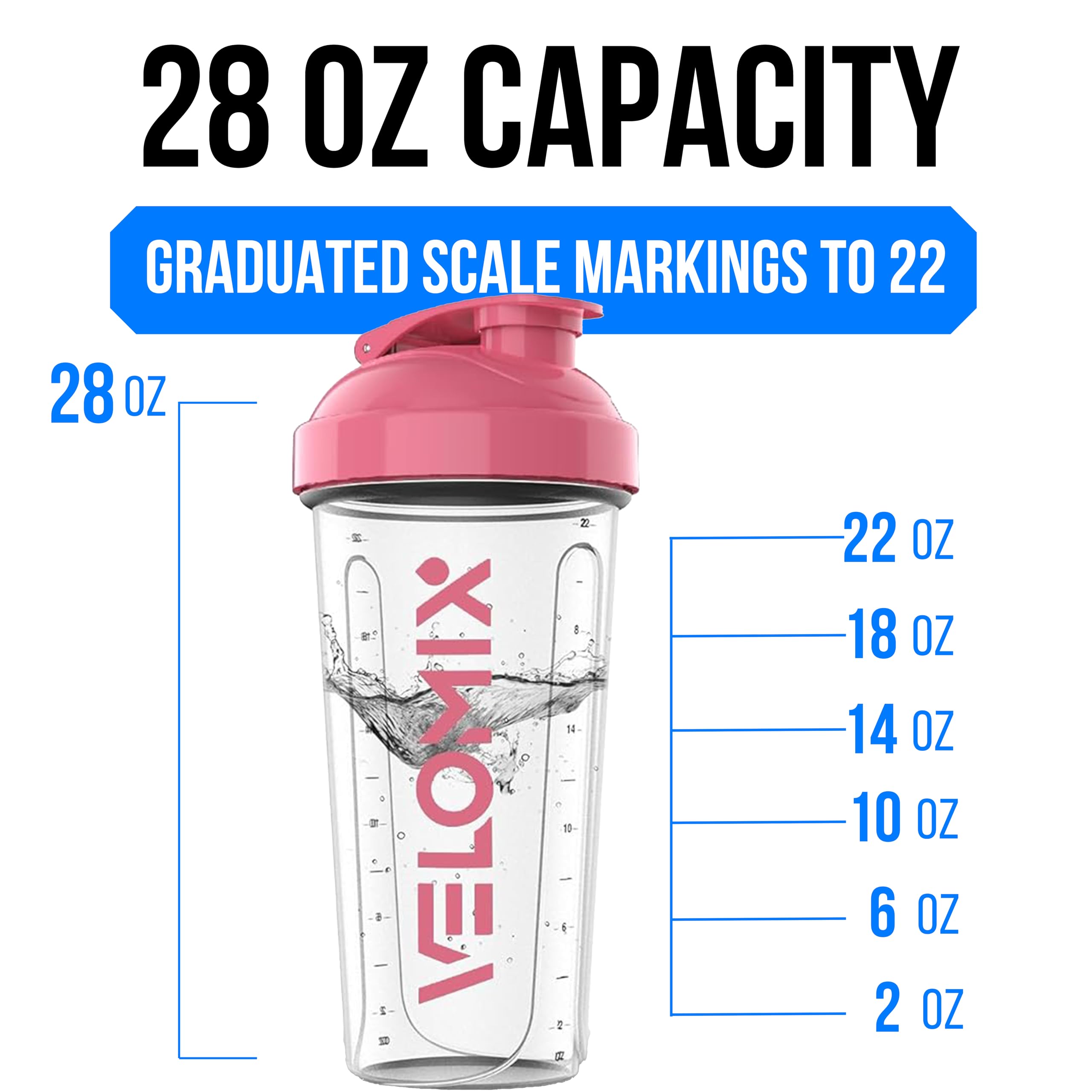 VELOMIX -2 Pack- 28 oz Protein Shaker Bottles for Protein Mixes - 2x Wire Whisk | Leak Proof Shaker Cups for Protein Shakes | Protein Shaker Bottle Pack (Black/Transparent)