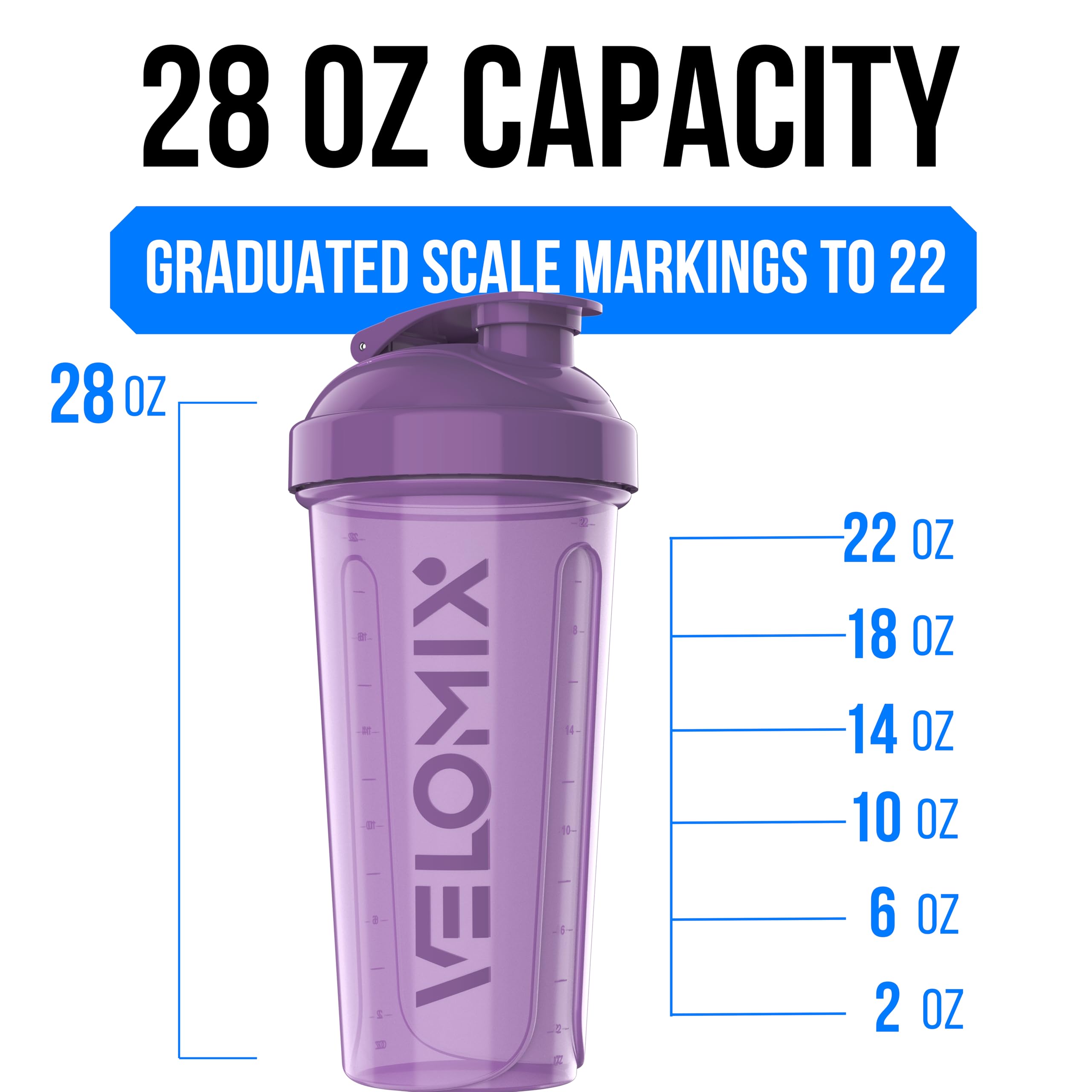 VELOMIX -2 Pack- 28 oz Protein Shaker Bottles for Protein Mixes - 2x Wire Whisk | Leak Proof Shaker Cups for Protein Shakes | Protein Shaker Bottle Pack (Black/Transparent)
