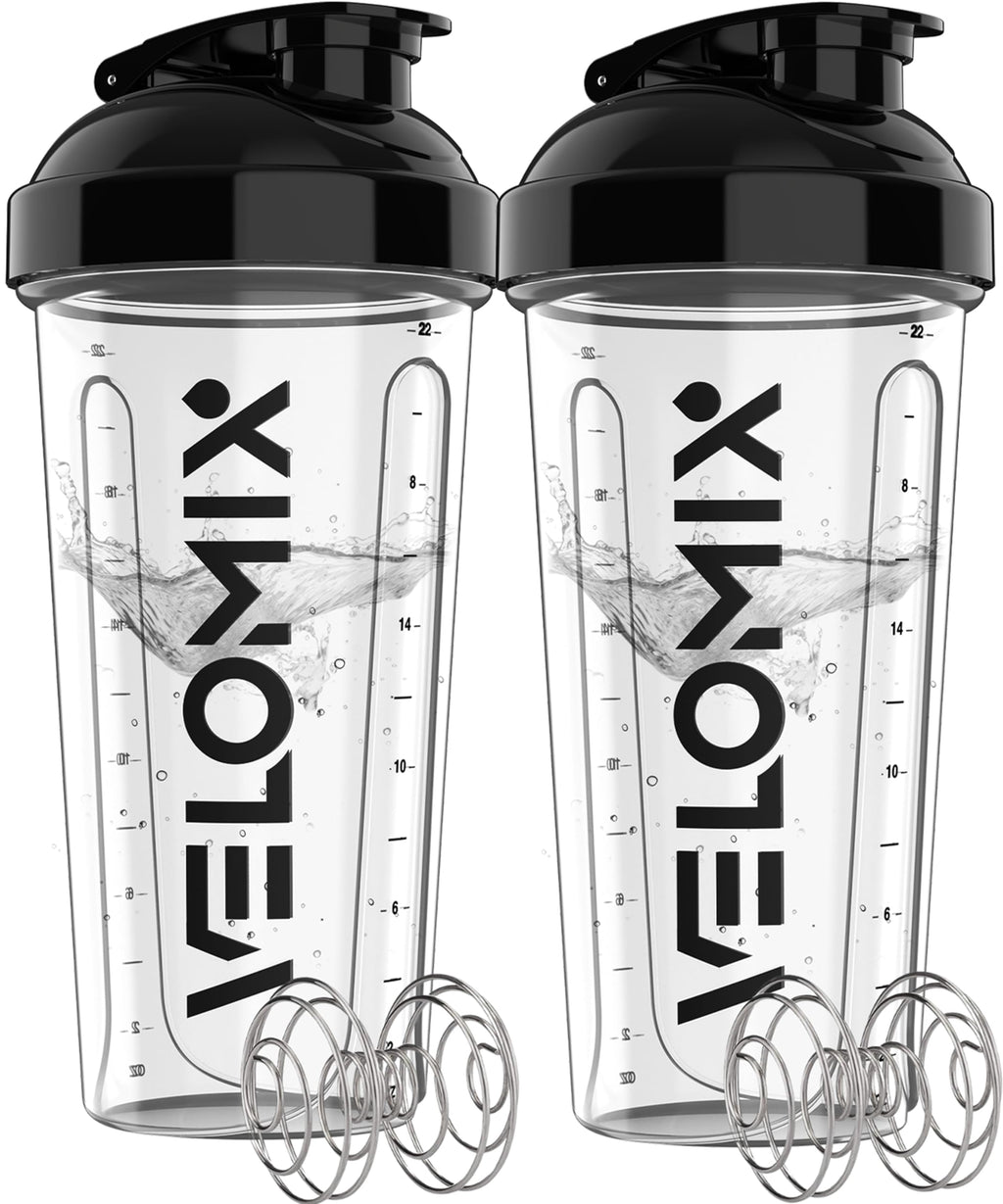 VELOMIX -2 Pack- 28 oz Protein Shaker Bottles for Protein Mixes - 2x Wire Whisk | Leak Proof Shaker Cups for Protein Shakes | Protein Shaker Bottle Pack (Black/Transparent)