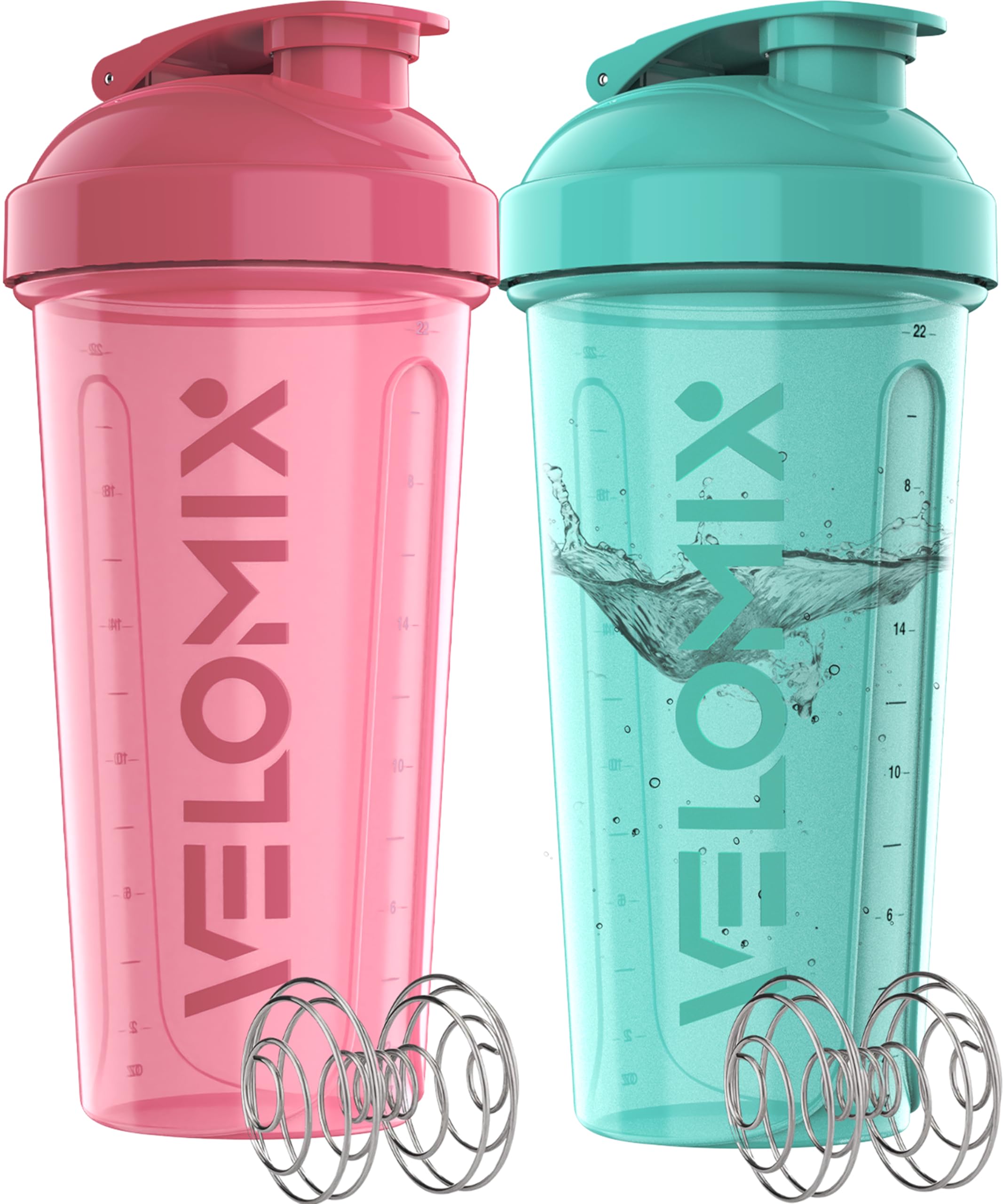 VELOMIX -2 Pack- 28 oz Protein Shaker Bottles for Protein Mixes - 2x Wire Whisk | Leak Proof Shaker Cups for Protein Shakes | Protein Shaker Bottle Pack (Black/Transparent)