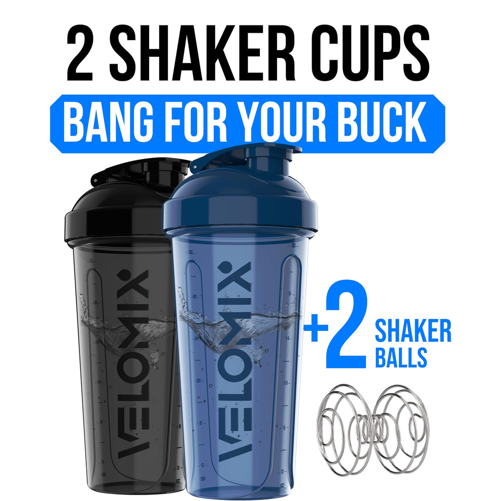 VELOMIX -2 Pack- 28 oz Protein Shaker Bottles for Protein Mixes - 2x Wire Whisk | Leak Proof Shaker Cups for Protein Shakes | Protein Shaker Bottle Pack (Black/Transparent)
